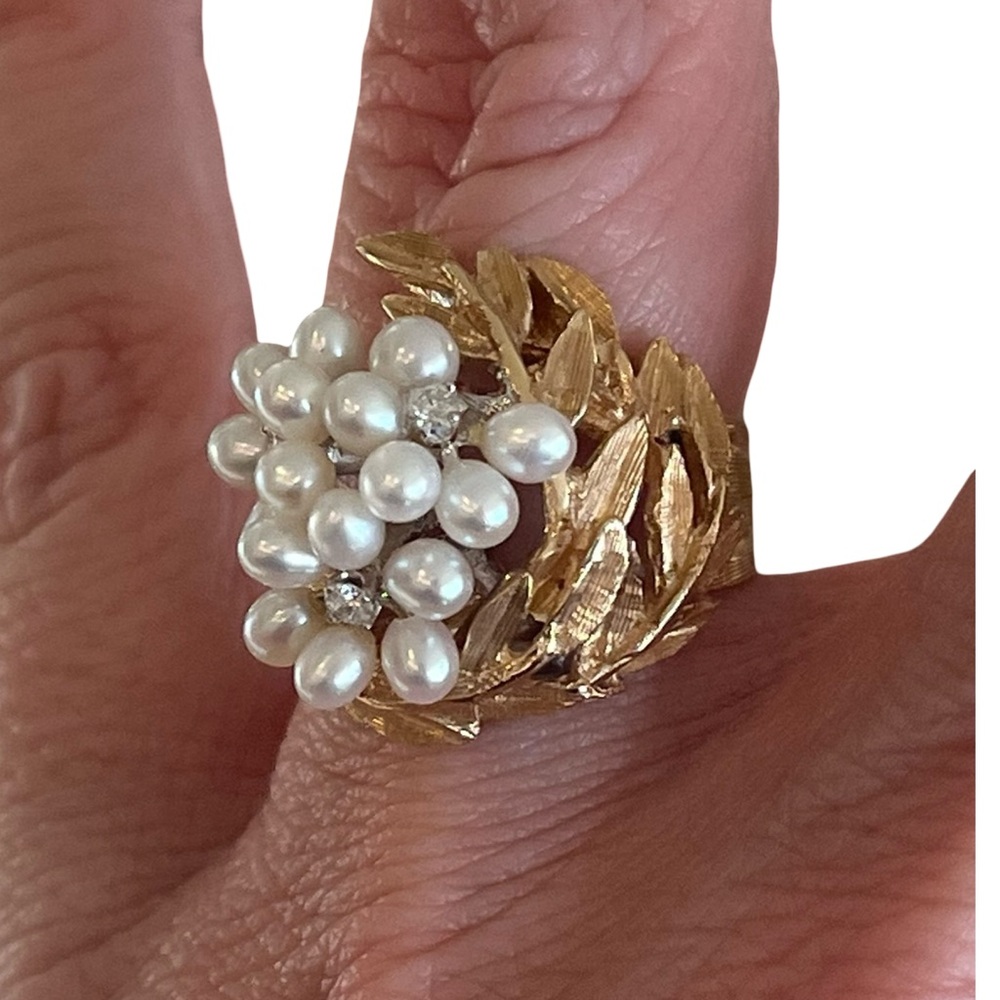 Mid-Century 14 K Solid Gold Seed Pearl Diamond Laurel Wreath Ring Size 6.5 - Picture 7 of 12